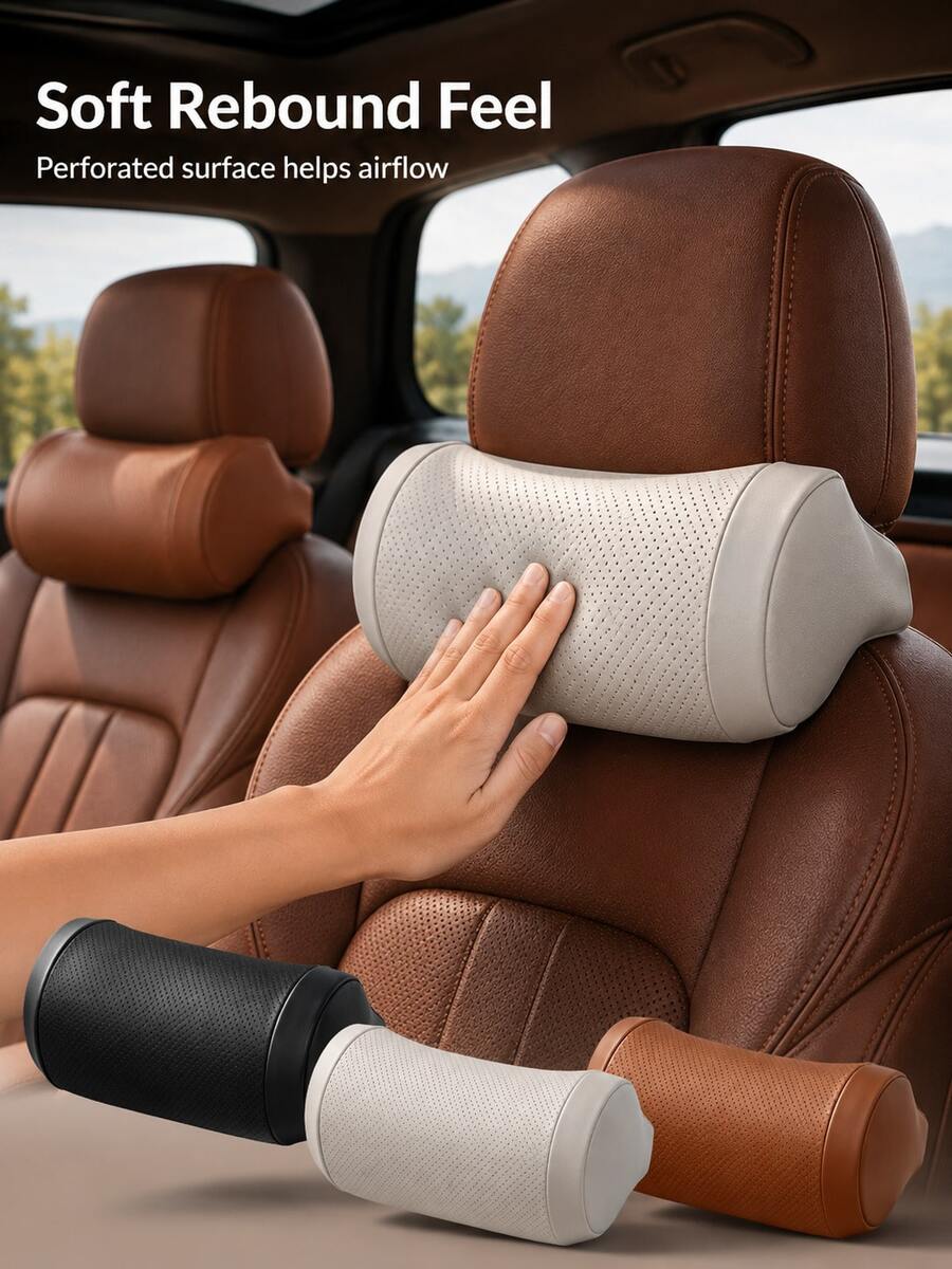 Car Neck Pillow, Nappa Leather Car Headrest Pillow, 1pc Ergonomic Neck Support Cushion, Breathable Neck Rest Headrest Pad, Universal Car Seat Interior Accessory, Suitable For Driver And Passenger, Long Distance Driving Travel, All Seasons - Multicolor - View 1