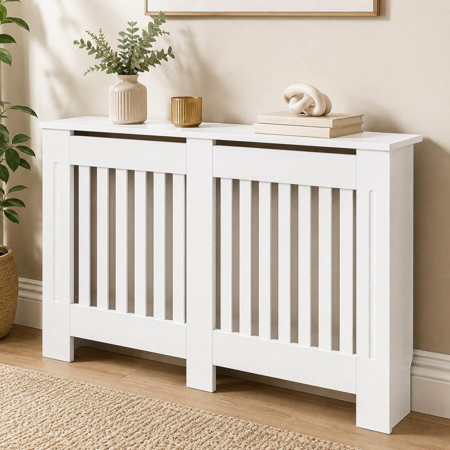 Royalswill White Radiator Cover, Modern MDF Vertical Slats Radiator Cabinet With Top Shelf, Wooden Radiator Heater Cover For Living Room, Bedroom & Hallway, 3 Sizes - White - View 1