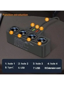 1pc Black ABS 2USB&PD Car Charger, 4 Ports, QC3.0 Super Fast Charging, 12-24V For All Vehicles, 7 Slots - Black - View 5