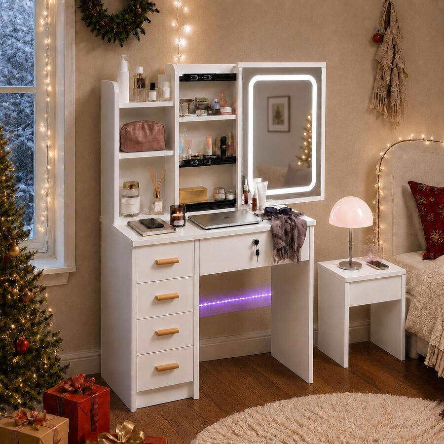 Best Gift For Her 2 IN 1 Vanity Desk Set, Large LED Mirror Makeup Table With 5 Drawers Storage, Modern Bedroom Dressing Table And Bedside Nightstand Combo