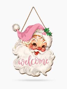 1pc Pink Santa Claus Welcome Sign, Christmas Door Hanging Decor, Vintage Wooden Holiday Wall Hanging, Christmas Front Porch Hanging Ornament, Christmas Party Home Entrance Decoration, Rustic Style Holiday Hanging Decor - Pink - View 1