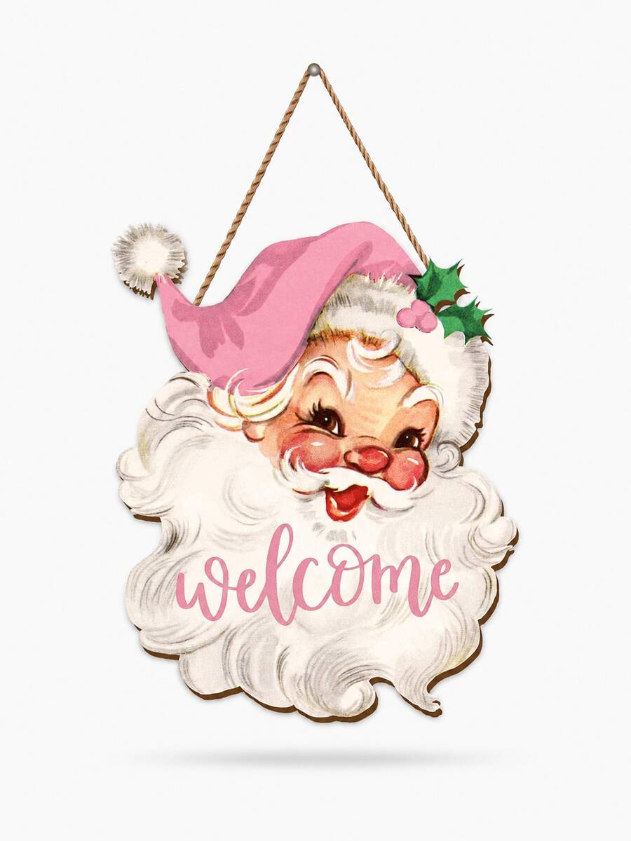 1pc Pink Santa Claus Welcome Sign, Christmas Door Hanging Decor, Vintage Wooden Holiday Wall Hanging, Christmas Front Porch Hanging Ornament, Christmas Party Home Entrance Decoration, Rustic Style Holiday Hanging Decor - Pink - View 1
