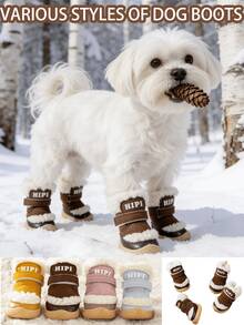 4pcs Winter Warm Dog Boots, Thick Fleece Lining Snow Boots, Anti-Slip Rubber Sole Pet Boots, Adjustable Strap Paw Protection, Suitable For Puppies, Small And Medium Dogs, Cold Weather Outdoor Walking, Chihuahua Accessories - Multicolor - View 1