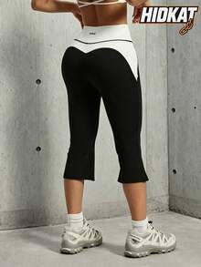 Hidkat Women's Fashion Solid Color Patchwork Letter Waistband Tight Yoga Sports Leggings - Black and White - View 2