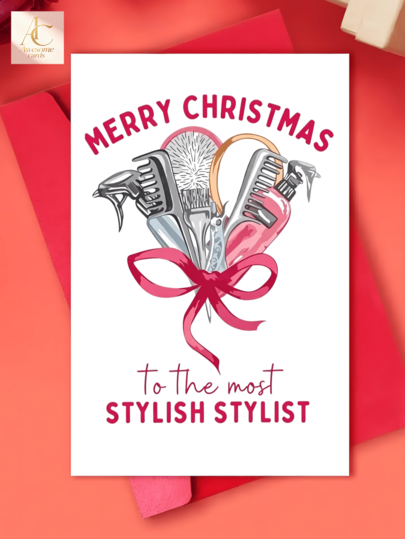 1pc Lovely Hair Stylist Christmas Greeting Card, Unique Hairdressing Tools Bouquet With Pink Bow Design, Warm Merry Xmas Blessing, Thoughtful Holiday Thank‑You Gift For Hairdresser, Barber, Salon Stylist, Sweet Appreciation Card For Favourite Stylist