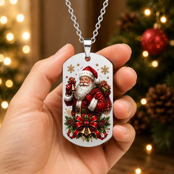 Christmas Santa Dog-Tag Pendant Necklace, Aluminium Sublimation Print, Bow Bell Snowflake Pattern, Unisex Xmas Party Jewelry Gift