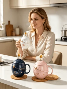 1pc Space Themed Planet Ceramic Mug, Reusable Coffee Cup With 3D Astronaut Shaped Lid, Fun Cosmic Travel Style Drink Vessel, Distinct Holiday And Birthday Gift, Great Tabletop Drinkware For Space Fans For Daily Use At Home And While Working Remotely - Multicolor - View 7