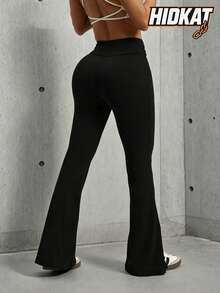 Hidkat Women's Fashion High Waist Ruched Waist Fitted Yoga Sports Knit Split Flare Pants - Black - View 2