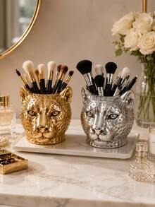 1pc Gold & Silver Leopard Print Makeup Brush Holder, Animal Head Shaped Cosmetic Storage Cup, Suitable For Makeup Brushes, Lipsticks, Eyeliner, Elegant Vanity Tabletop Bedroom Decor - Multicolor - View 6