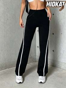 Hidkat Women's Fashion Solid Color High Waist Slim Fit Yoga Casual Sports Knit Flare Pants - Black - View 1
