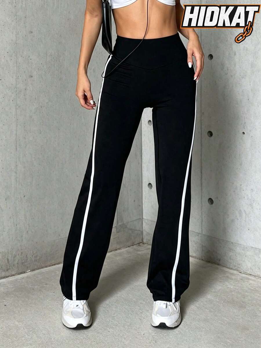 Hidkat Women's Fashion Solid Color High Waist Slim Fit Yoga Casual Sports Knit Flare Pants - Black - View 1