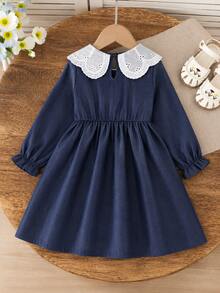 Autumn New Girls Toddler Imitation Denim Dress With Ruffled Collar, 3D Flower Bow, Long Sleeve, Sweet Versatile Loose Comfortable Breathable For School, Daily Wear And Outings - Blue - View 3