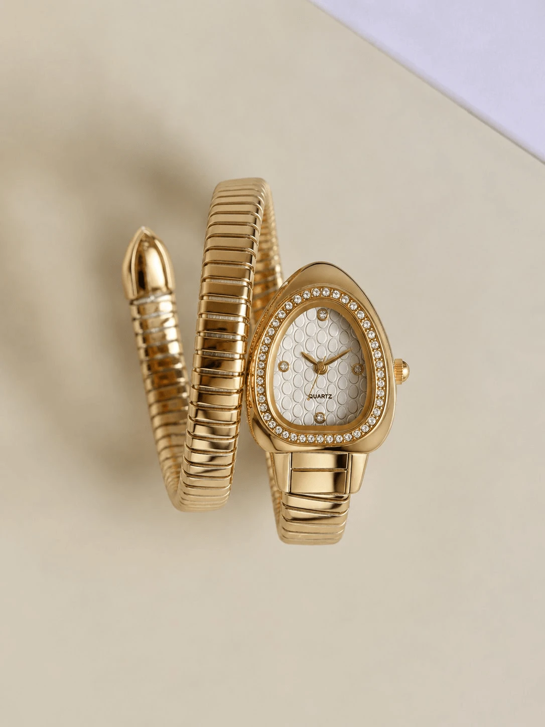 Women's Gold Snake-Shaped Quartz Watch With Rhinestone Triangle Dial, Spiral Bracelet Wristwatch, Perfect Gift For Birthday And Christmas - White - View 1