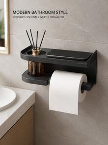 1pc Toilet Paper Holder With Shelf, Wall-Mounted No-Drill Installation (Free Adhesive Strips), Multi-Functional Bathroom Paper Towel Rack, Space-Saving Design, Suitable For Bathroom, Kitchen And Bedroom, Bathroom Decor Accessory - Multicolor - View 2