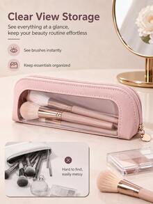 Multi-Color Transparent Window Makeup Brush Bag, PU Leather PVC Transparent Window Design, Metal Zipper Head Decoration, Slim Portable Size, Dust-Proof, Suitable For Home Vanity And Travel, Can Store Makeup Brushes And Eyebrow Beauty Tools - Multicolor - View 5