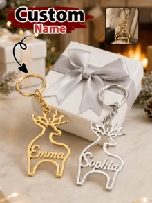 Custom Name Reindeer Keychain, Personalized Christmas Key Chain, Holiday Vacation Bag Charm, Custom Keychain, Customizable 2026 Christmas Gift - Silver - View 3