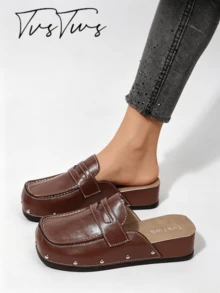 Women's Wedge Heel Thick Sole Square Toe Loafer Style Contrast Stitching Rivet Low Heel Mule Shoes Closed Toe Half Slip-On Fashion Casual Outdoor Slippers - Brown - View 1