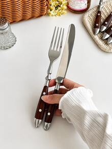 1 Walnut Two-Riveted Cutlery Set, Light Luxury High-End Stainless Steel Dinner Knife, Fork, Spoon, Salad Fork, Teaspoon, Ice Cream Spoon, High-Value Practical Household Restaurant Wooden Handle Knife, Fork, Spoon - View 6