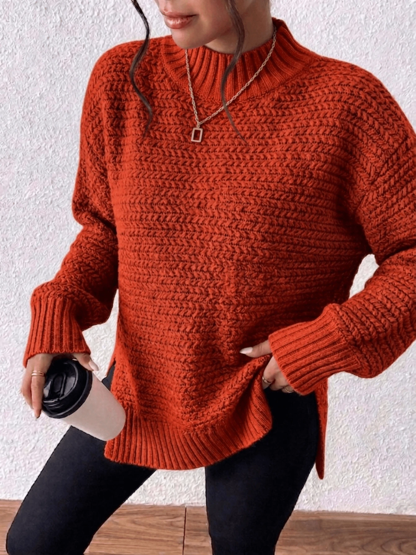 Women Oversized Chunky Mock Neck Textured Knit Sweater,Drop‑Shoulder ...