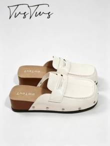 Women's Wedge Heel Thick Sole Square Toe Loafer Style Contrast Stitching Rivet Low Heel Mule Shoes Closed Toe Half-Slip Fashion Casual Outdoor Slippers - Off White - View 2
