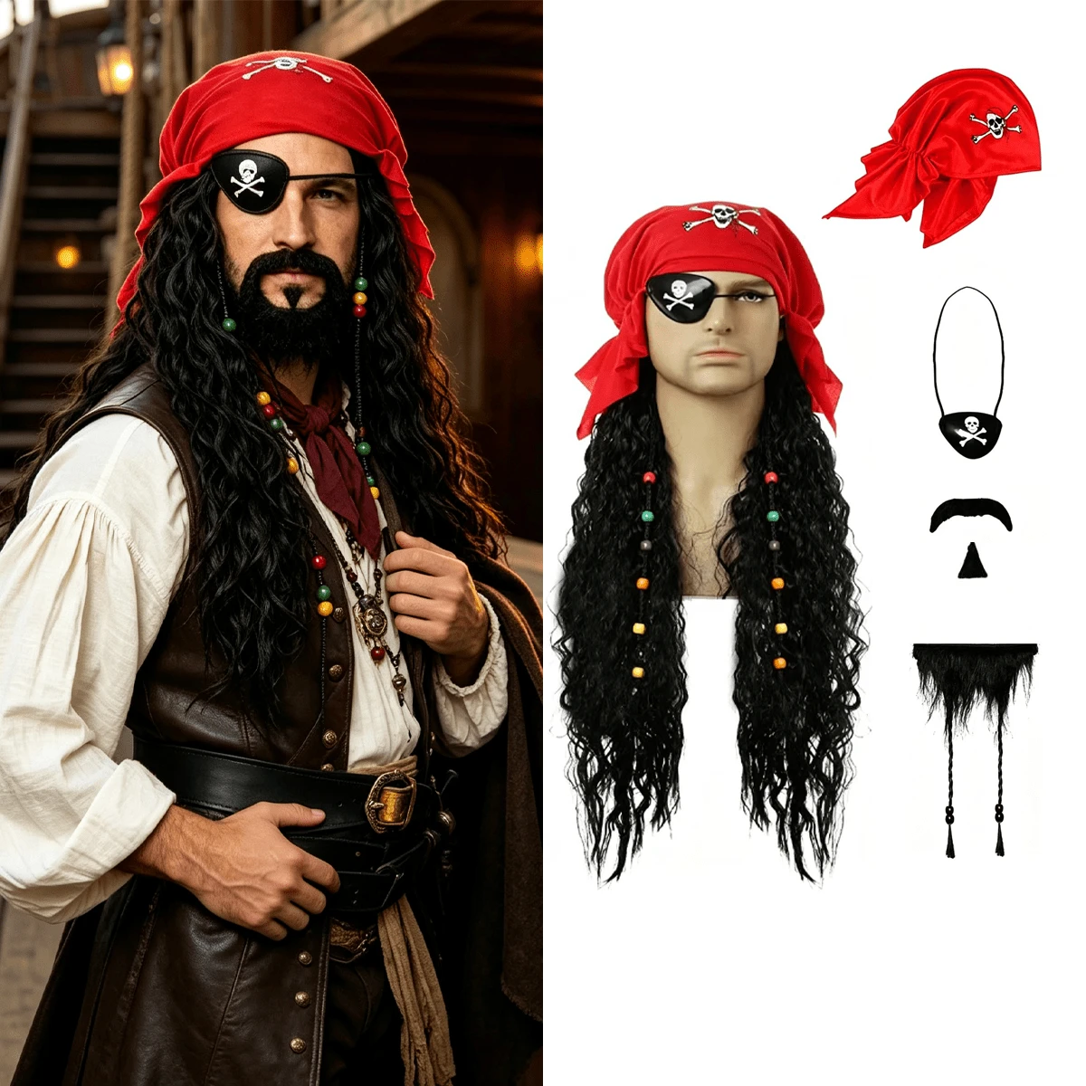 Halloween Men's Pirate Captain Cosplay Wig Set, Wig Turban, Eye Mask, Beard Set, Synthetic Wig Material, Suitable For Halloween Carnival Party, Pirate Cosplay, Stage Performance - Black - View 1