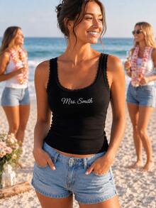 Personalized Embroidered Lace Tank Top, Custom Embroidery Modal Tank Bridal Shower Gift, Engagement Gift Bachelorette Party, New Mrs. Tank - Multicolor - View 6