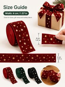 1 Roll 4cm Velvet Christmas Ribbon, Dark Green/Black Gold Star Print Gift Wrapping Bow Ribbon For Christmas Tree Decor, Holiday Party, Winter Wedding, New Year 2027 - Multicolor - View 2