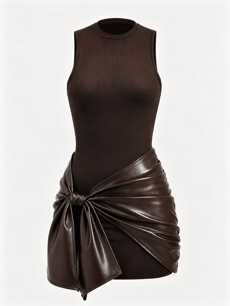 Women's Solid Color Sleeveless Mini Dress + Front Tie PU Decor 2-Piece Set, Elegant Solid Color Knotted Ruffle Hem Summer - Coffee Brown - View 1