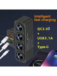 1pc Black ABS 2USB&PD Car Charger, 4 Ports, QC3.0 Super Fast Charging, 12-24V For All Vehicles, 7 Slots - Black - View 4
