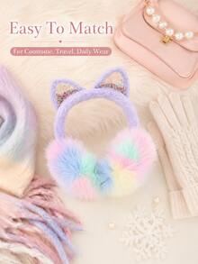1pc Girls Cute Pink Macaron Color Soft Plush Winter Earmuffs With Fluffy Ear Covers And Shiny Decoration, Suitable For Autumn/Winter - Multicolor - View 4