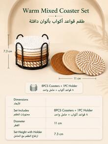 1Set Drink Coaster Set With 8 Round 11 Cm Handwoven Cotton Rope Coasters And Black Metal Holder, 4-Color Woven Table Coasters For Coffee, Tea, Mugs And Glasses, Kitchen Counter, Dining Table, Coffee Table, Living Room Decor And Everyday Home Use - Multicolor - View 8