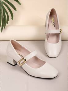 Women's Beige Square Toe Chunky Heel Mary Jane Shoes, Square Toe Single Strap With Gold Square Buckle Design, Comfortable Chunky Heel Not Tiring To Wear, Soft Leather Material Fits Foot Shape, Suitable For Spring And Autumn, Commuting To Work, Dating And Gatherings, Daily Outfits, Simple Retro Style, Material Is Artificial Leather - White - View 1