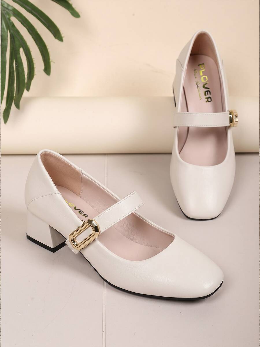 Women's Beige Square Toe Chunky Heel Mary Jane Shoes, Square Toe Single Strap With Gold Square Buckle Design, Comfortable Chunky Heel Not Tiring To Wear, Soft Leather Material Fits Foot Shape, Suitable For Spring And Autumn, Commuting To Work, Dating And Gatherings, Daily Outfits, Simple Retro Style, Material Is Artificial Leather - White - View 1