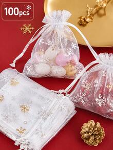 100pcs Christmas Snowflake Organza Bags, Transparent Drawstring Gift Bags, Suitable For Candy, Snacks, Jewelry, Small Gifts, Christmas Party Favors Packaging - Christmas Gift Bag - View 7
