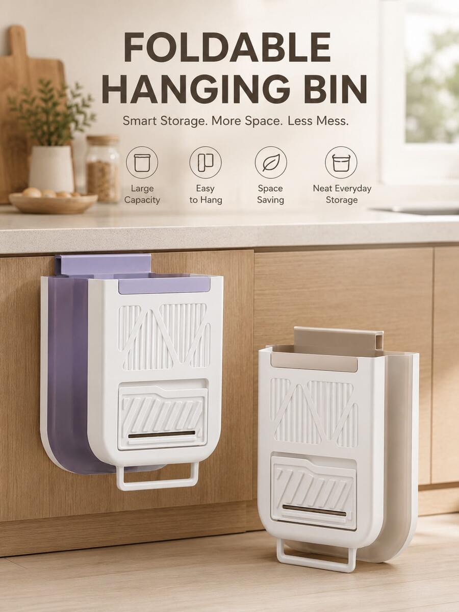 1Pc Aesthetic Wall‑Hanging Foldable Trash Bin, Thick Large‑Capacity Kitchen Garbage Container, Cream Tone Cabinet Door Hanging Waste Bucket, Multi‑Scene Household Storage Organizer - Multiple Styles - View 1