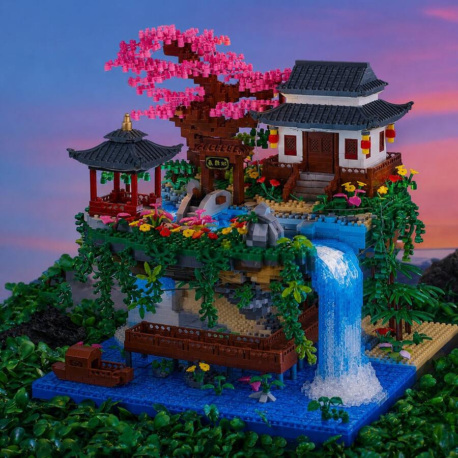 1685pcs Peach Blossom Pool Building Blocks, ABS Material, Mixed Color Decoration Set, Suitable For Furniture Placement And Office Decoration, Perfect Gift For Holidays, Birthdays Or Anniversaries - Multicolor - View 1