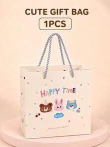 1個/3個裝可愛動物 Happy Time 禮品袋，彩色熊、兔子、貓咪手提派對伴手禮袋，適合生日、零食與小禮物 - 查看 7