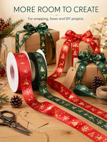 Classic Festive Flat Roll Shape Red And Green Ribbon With Gold Snowflake Reindeer And Christmas Tree Prints, Neat Edges For Gift Wrapping And Bow Making, Christmas Craft Ribbon For Presents, Parties, Weddings, Winter Holiday And New Year Celebrations - Multicolor - View 5