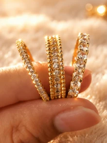ZCNC Znice 2026 新款 304 不鏽鋼 18K 金鍍層可疊戴戒指組，女款 3 件套，三葉草與滿鑽個性化戒指，低過敏簡約飾品，母親節禮物，夏季度假配件 - 金色15 - 查看 11