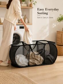 3-Compartment Foldable Laundry Basket, Breathable Mesh Dirty Clothes Bin, Large Capacity Partition Design, Portable With Handles, Suitable For Bathroom And Laundry Room, Easily Sort Household Dirty Clothes - Multicolor - View 3