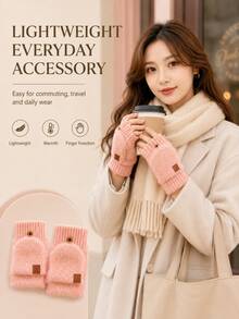 Autumn/Winter Half-Finger Half-Palm Flip-Cover Warm Windproof Gloves, Solid Color Fleece Lining Thickened Knitted Gloves, Outdoor Cold Protection, Office Use, Touchscreen Fingerless Design - Multicolor - View 2