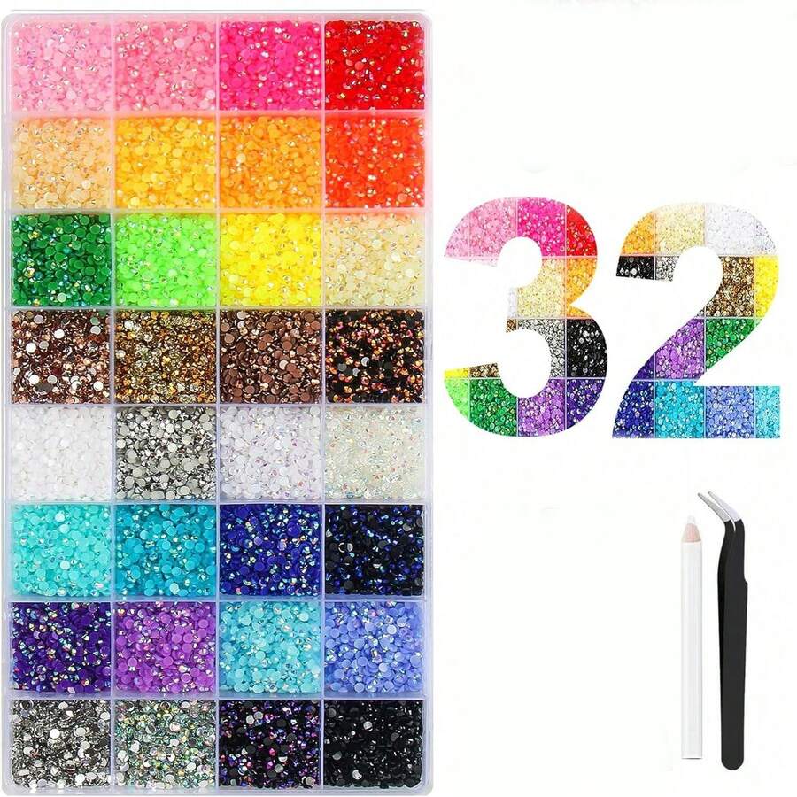 32,000pcs/40 Colors/6mm Flat Back Rhinestone Set, Multi-Color Handmade Gemstone Set With Pickup Pen And Tweezers, Suitable For DIY, Clothing, Shoes, Shiny Decorations, Colorful Mixed Palette - Multicolor - View 1