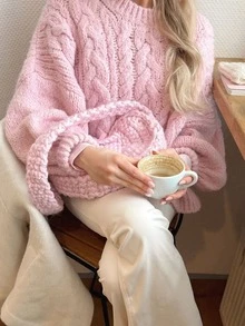 Women's Casual Fashion Autumn/Winter Fleece Cable Knit Round Neck Lantern Sleeve Loose Ribbed Regular Sweet Style Sweater - Pink - View 1