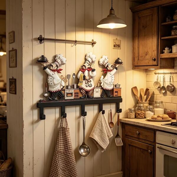 Cute Chef Figurine Kitchen Wall Hook Rack, Cookware Hooks, Kitchen Towel Hooks, Rustic Metal Decorative Hooks With 5 Hooks, Farmhouse Kitchen Apron Spoon Towel Pot Rack Hooks, Vintage Bistro Cooking Theme Kitchen Wall Decor
