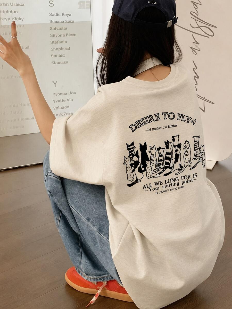 女士时尚宽松休闲字母卡通猫印花短袖T恤,夏季 - 淺花灰 - 查看 1