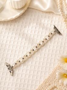 1pc Women's Single-Row Pearl-Style Beaded Bracelet Watch Band, Elastic Stretch Watch Strap Compatible With Apple Watch 38/40/41mm & Series 10 42mm - White - View 4