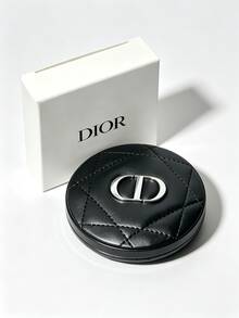 Dior Round Portable Makeup Mirror, Premium Black Faux Leather With Quilted Stitching, 3D Metal CD Logo, Flip Cover Double-Sided Mirror Design, Convenient For Touch-Ups On The Go - Black - View 3