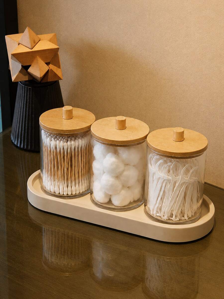 1/3/4-Piece Makeup Swab Storage Set – Plastic Jars With Lids (Suitable For Makeup Sponges, Dental Floss, And Toothpicks), Bamboo Bathroom Accessories, Bathroom Storage Canisters With Lids - View 1