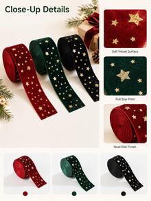 1 Roll 4cm Velvet Christmas Ribbon, Dark Green/Black Gold Star Print Gift Wrapping Bow Ribbon For Christmas Tree Decor, Holiday Party, Winter Wedding, New Year 2027 - Multicolor - View 8