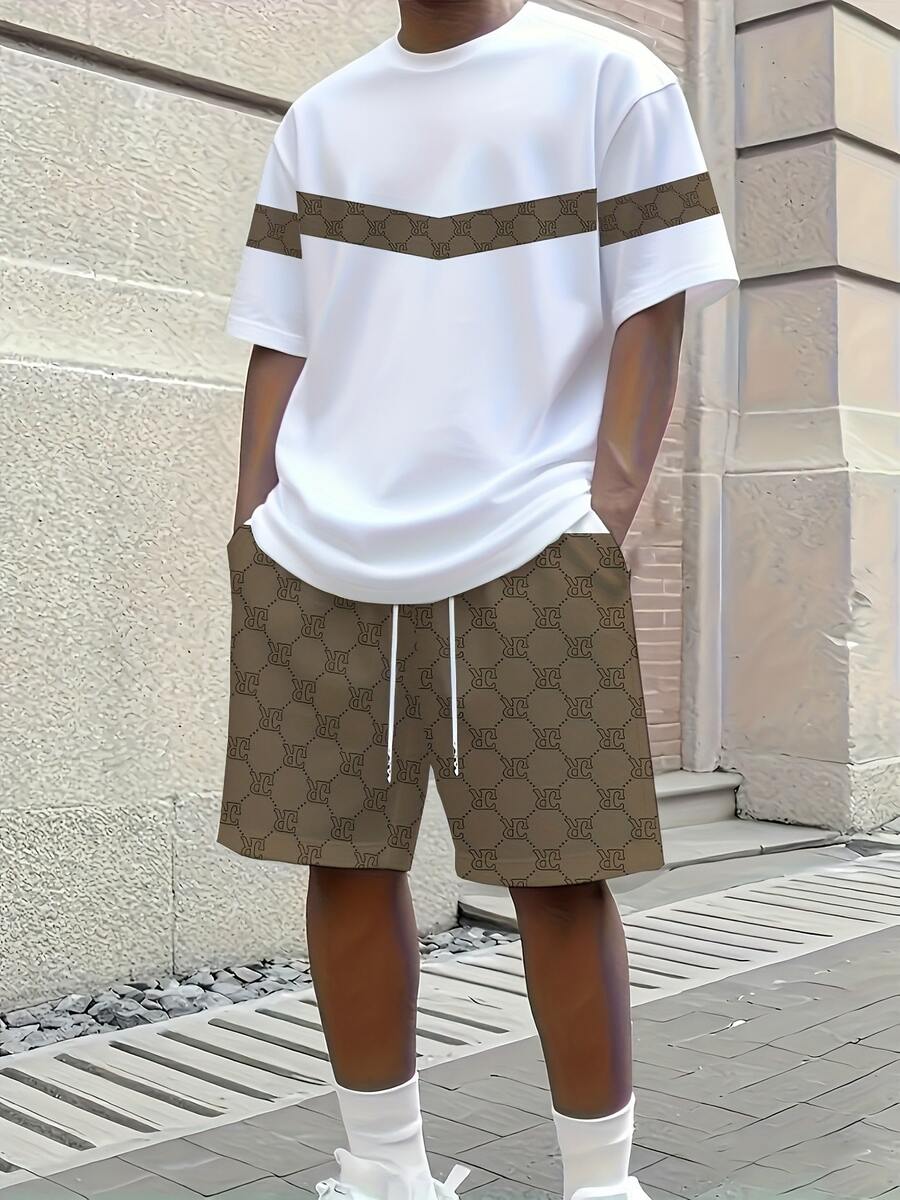 Men's Letter & Numeric Print Round Neck Short Sleeve T-Shirt And Drawstring Waist Shorts Set, Plus Size, Suitable For Casual Summer Wear - Multicolor - View 1